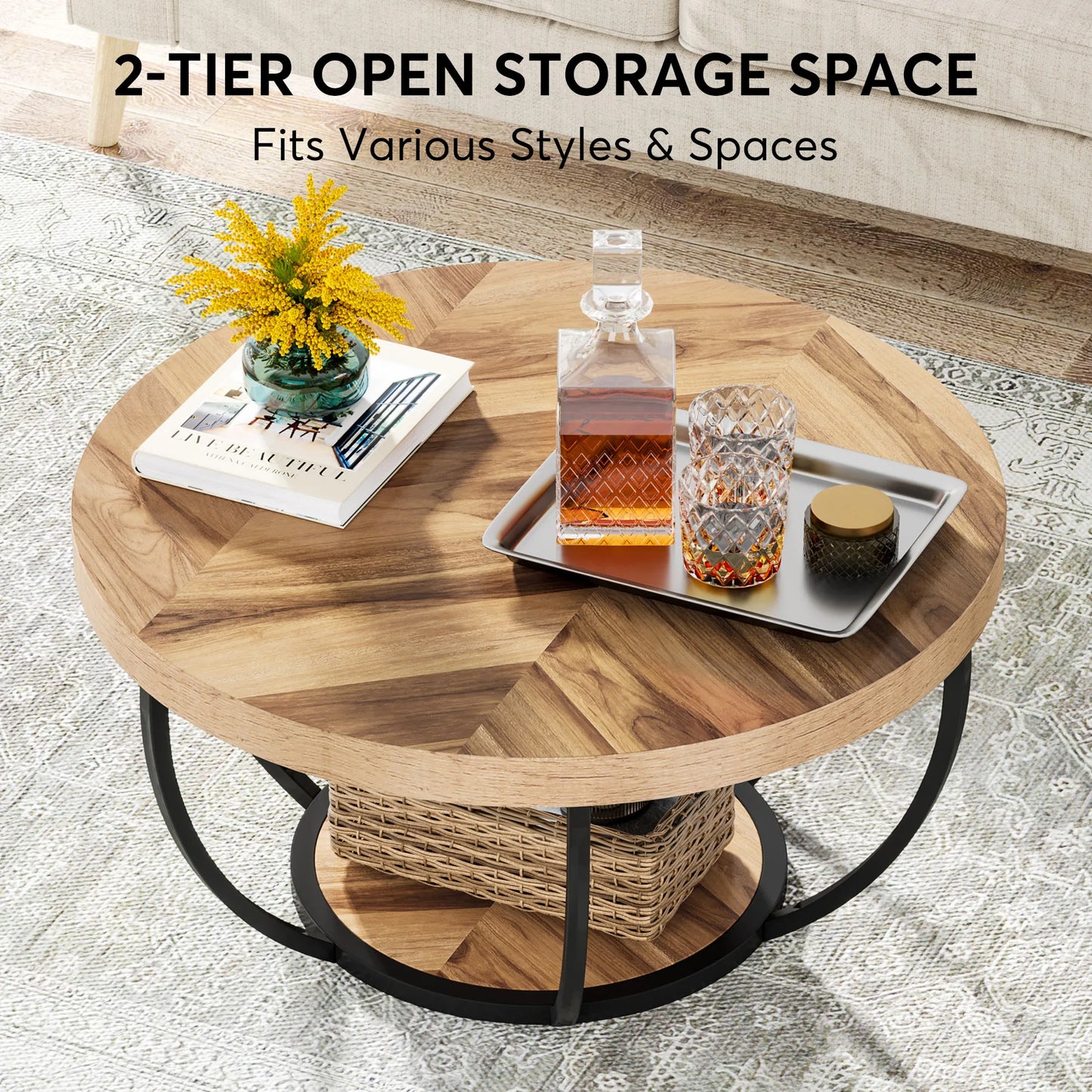 Tribesigns Round Coffee Table With Storage Shelves, Industrial Minimalist Wood