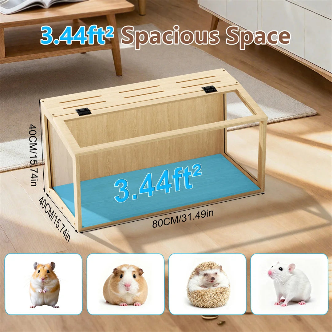 Wooden Hamster Cage Habitat with Glass Panels and LED Light