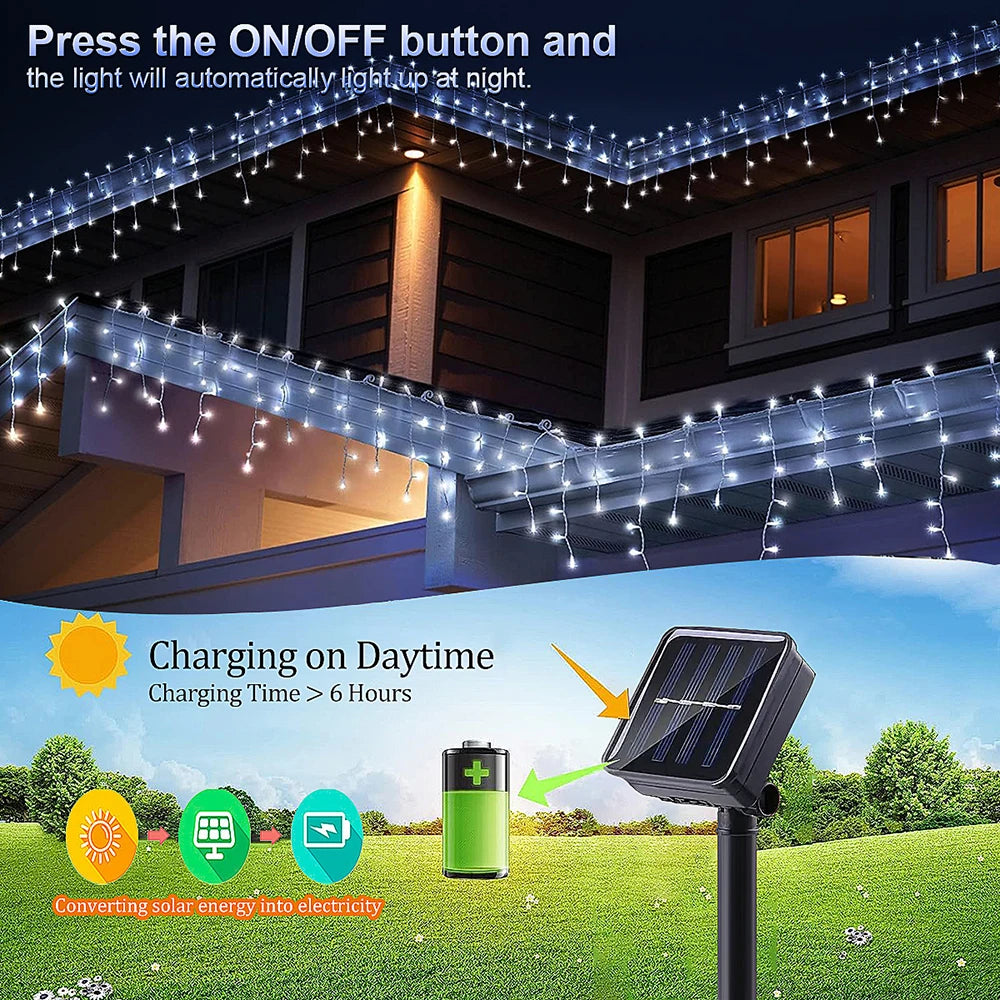 WELPUR Solar Icicle Curtain Lights Outdoor LED 8 Modes