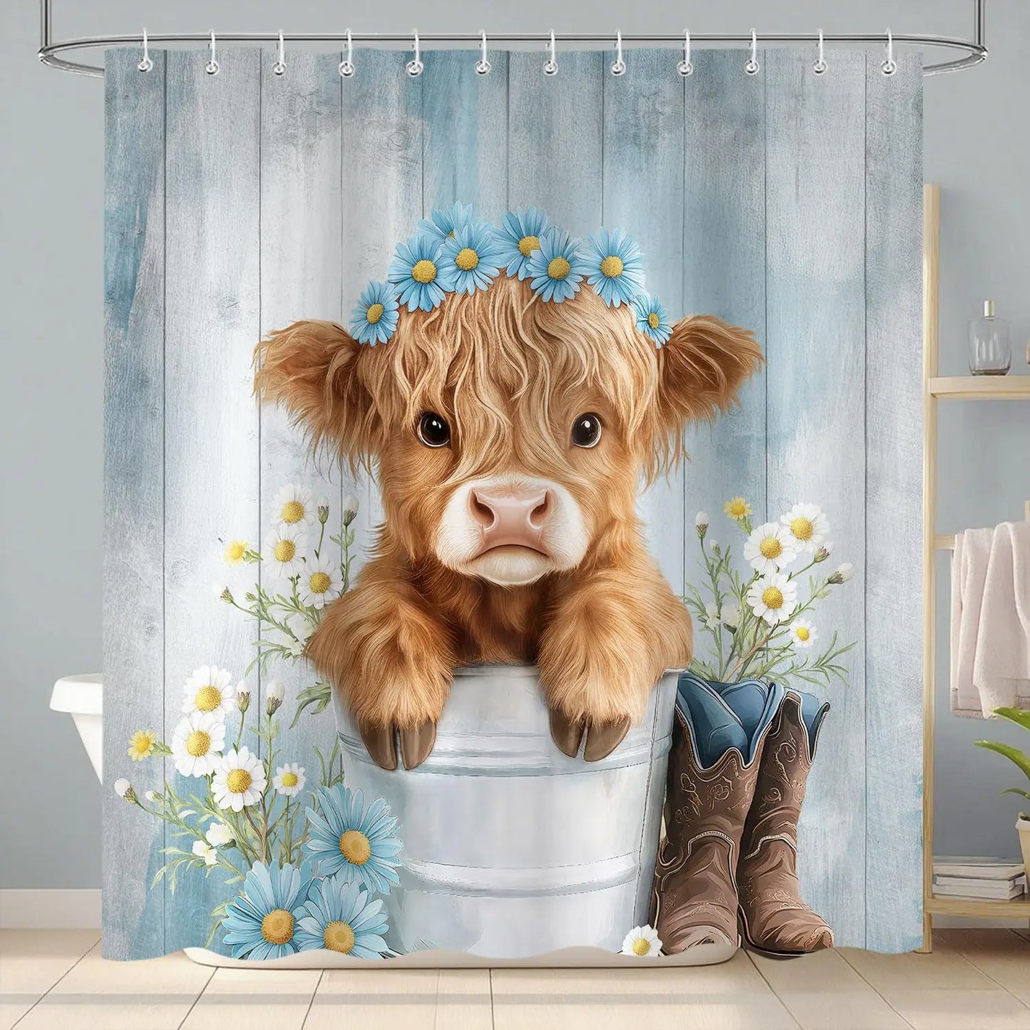 Western Highland Cow Shower Curtain Waterproof Farmhouse Decor