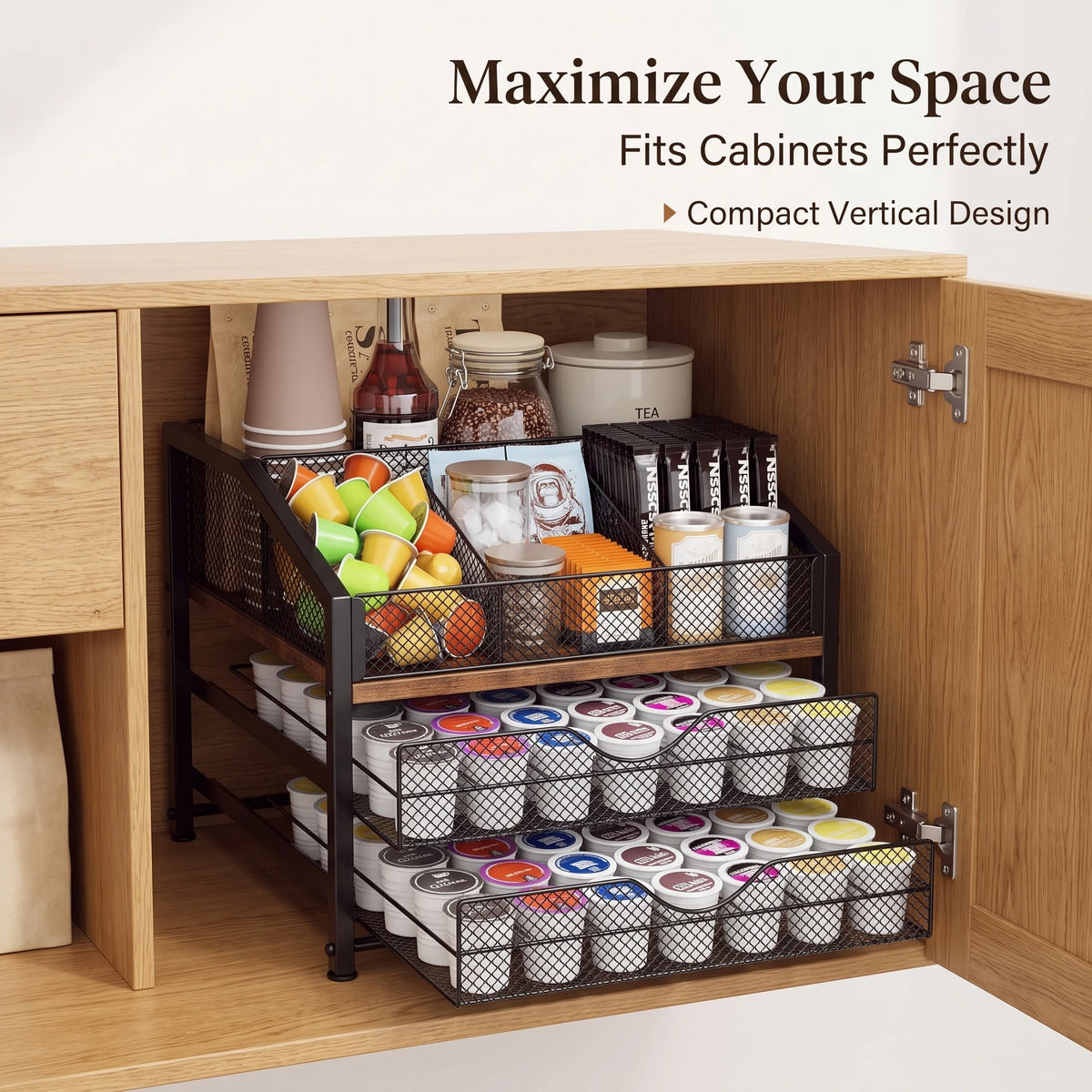 Countertop Coffee Station Organizer with K Cup Pod Storage Basket