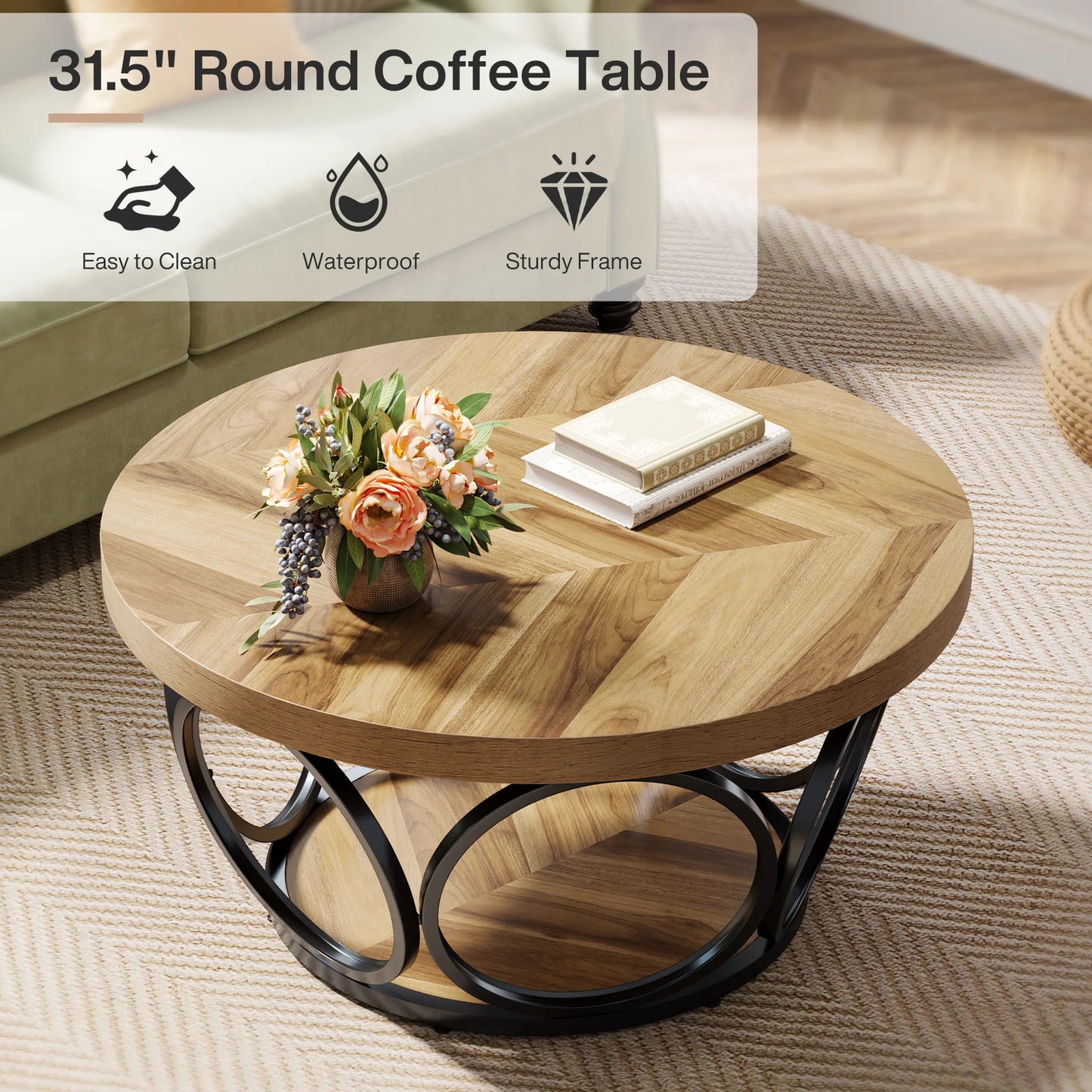 Tribesigns Round Coffee Table With Storage Shelves, Industrial Minimalist Wood