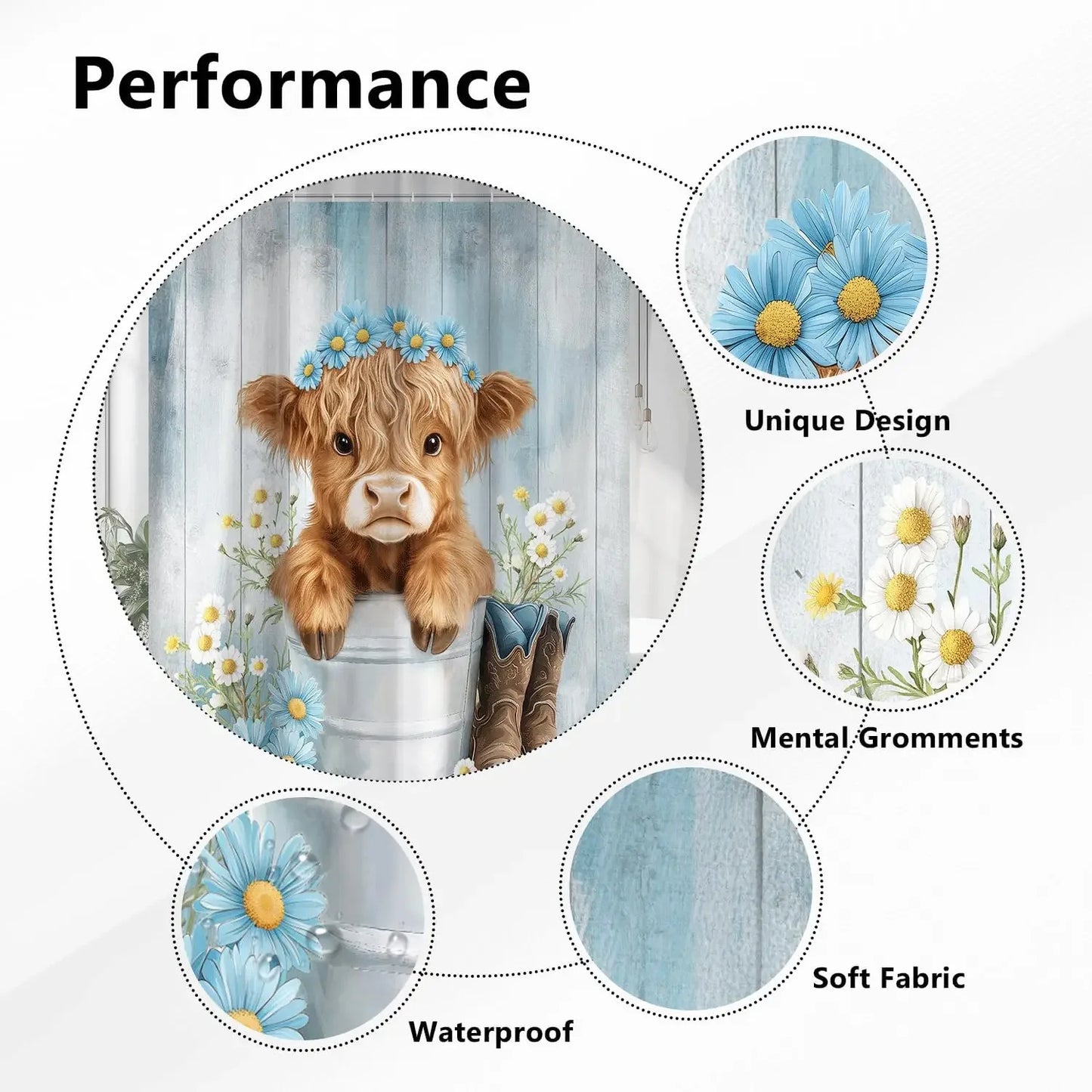Western Highland Cow Shower Curtain Waterproof Farmhouse Decor