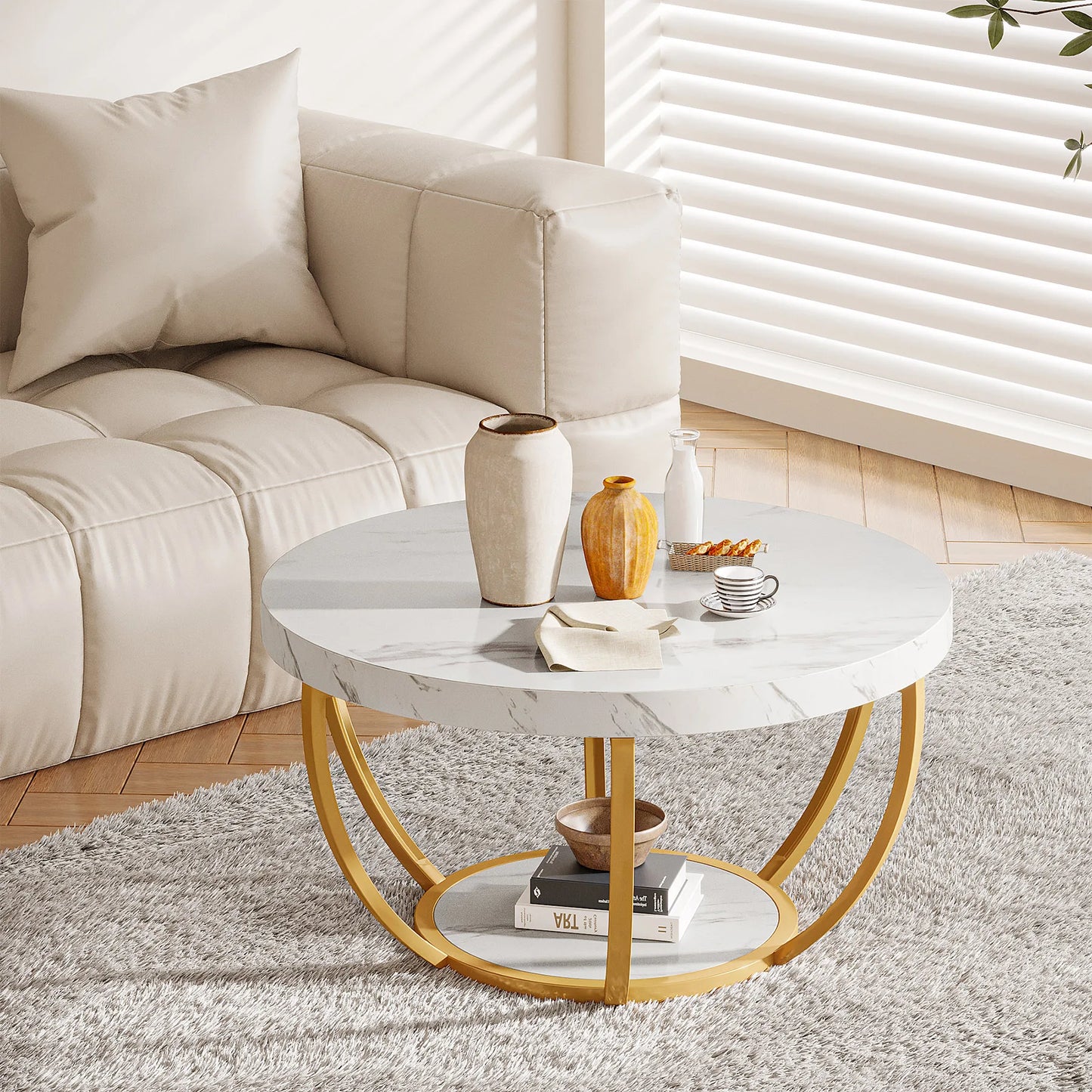 Tribesigns Round Coffee Table With Storage Shelves, Industrial Minimalist Wood