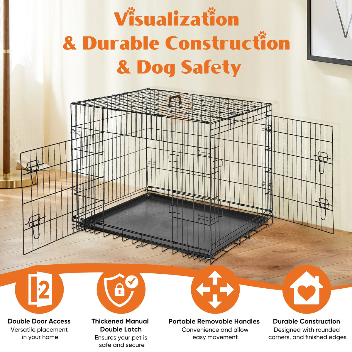 JHK Folding Metal Wire Dog Crate With Leak Proof Pan