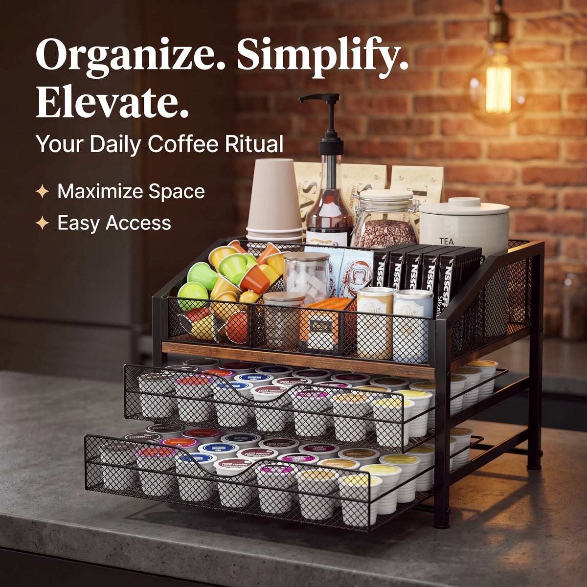 Countertop Coffee Station Organizer with K Cup Pod Storage Basket