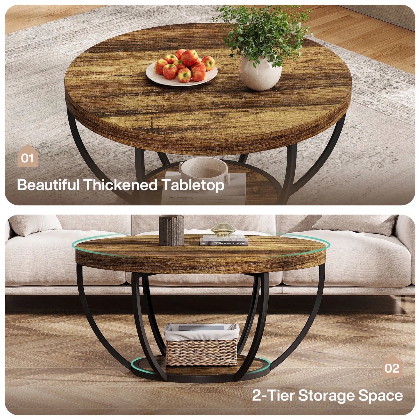 Tribesigns Round Coffee Table With Storage Shelves, Industrial Minimalist Wood