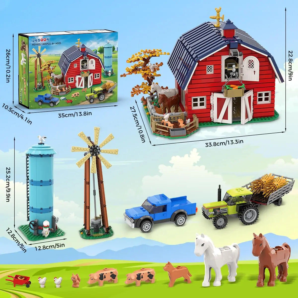 HOGOKIDS Farm Barn Building Set With Light Windmill Tractor Animals