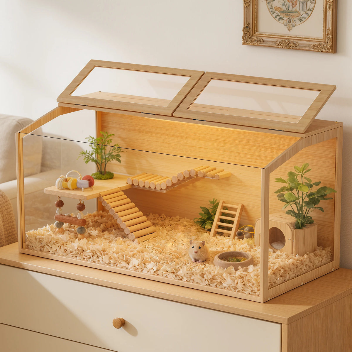 Wooden Hamster Cage Habitat with Glass Panels and LED Light