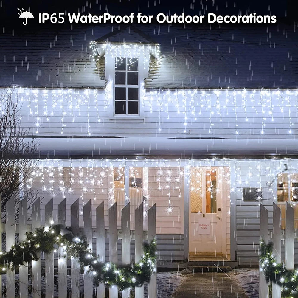 WELPUR Solar Icicle Curtain Lights Outdoor LED 8 Modes