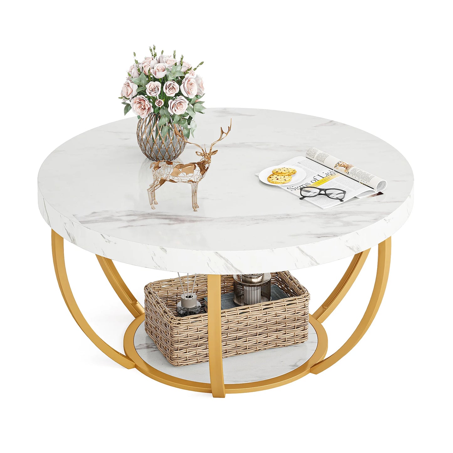Tribesigns Round Coffee Table With Storage Shelves, Industrial Minimalist Wood