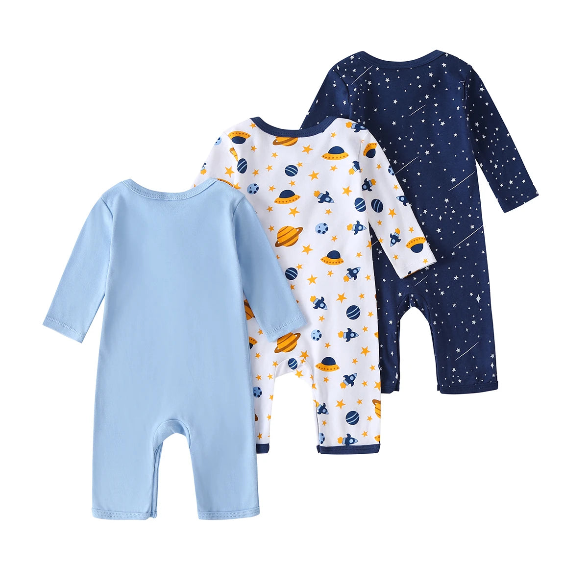 Baby Boy 3 Pack Cotton Long Sleeve Space Print Rompers