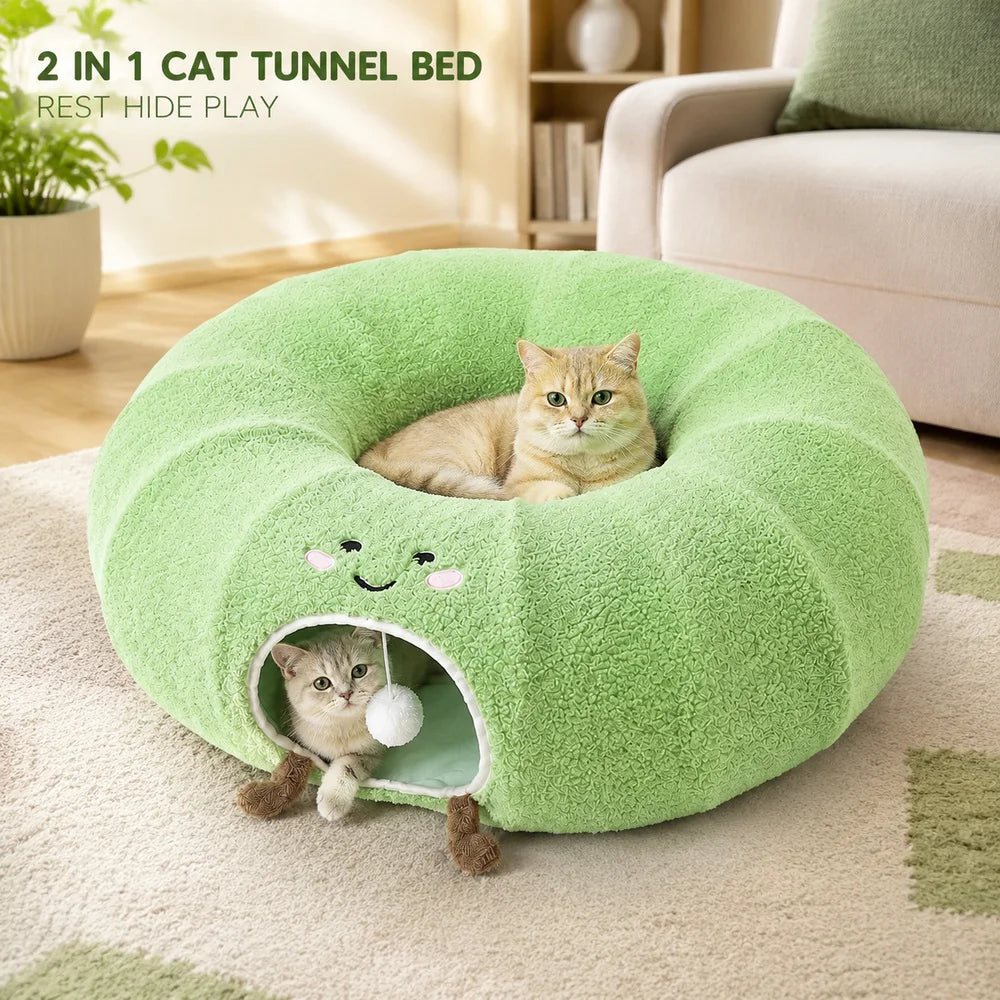 Convertible Cat Tunnel Bed With Donut Cushion For Indoor Cats