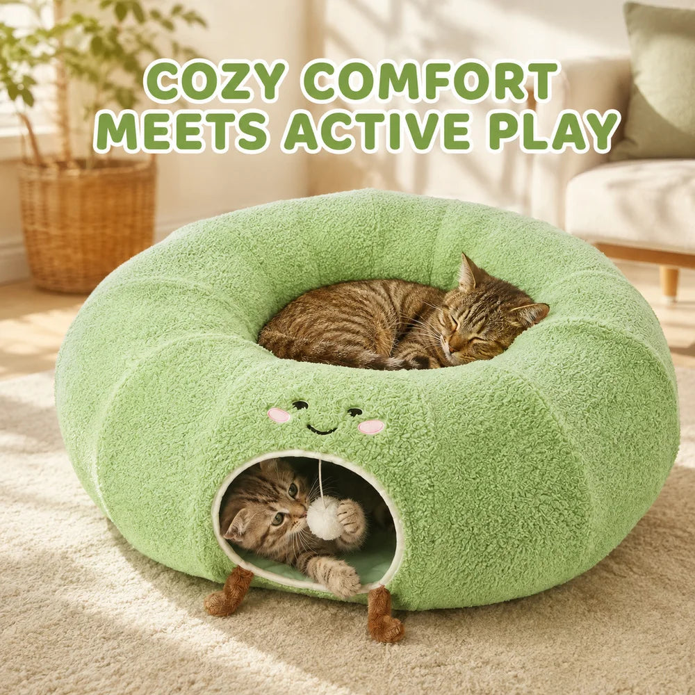 Convertible Cat Tunnel Bed With Donut Cushion For Indoor Cats