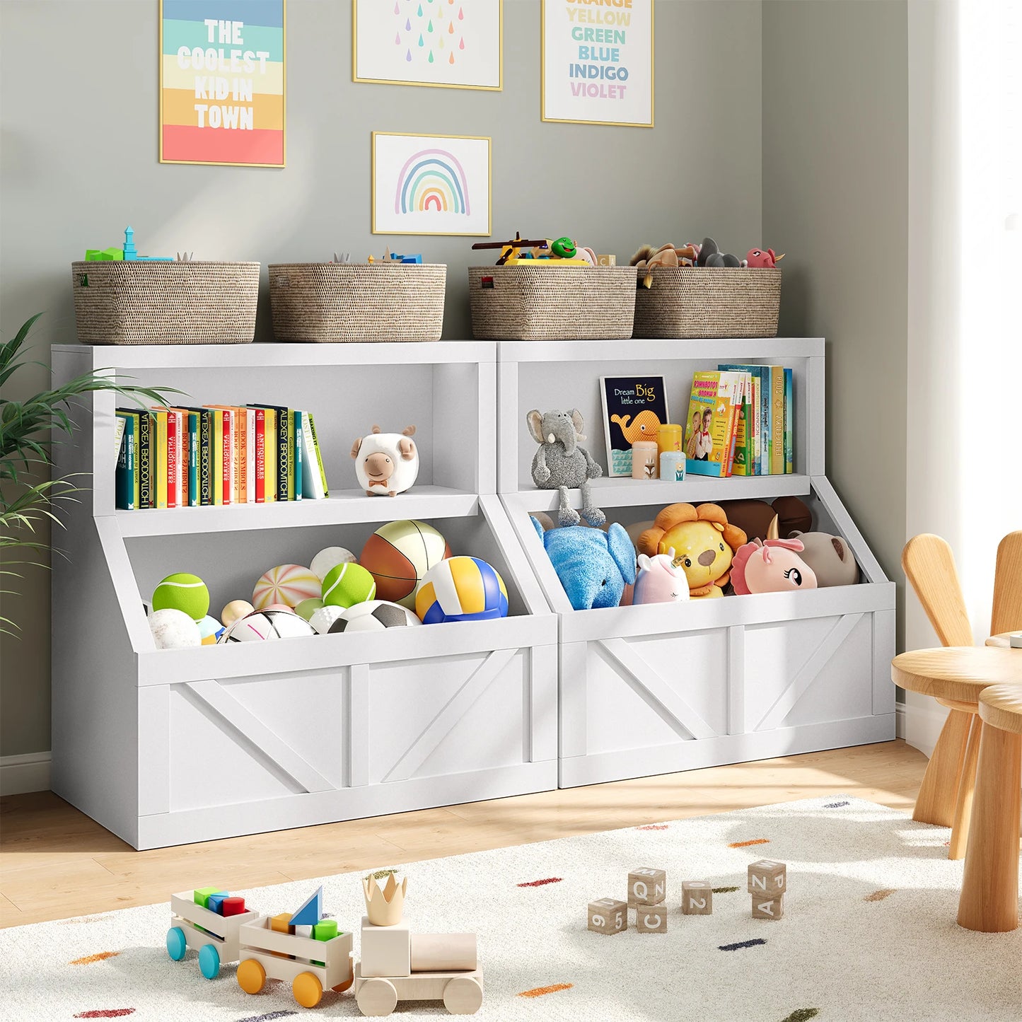 Wooden Kids Bookshelf With Cubby Toy Storage Organizer For Playroom
