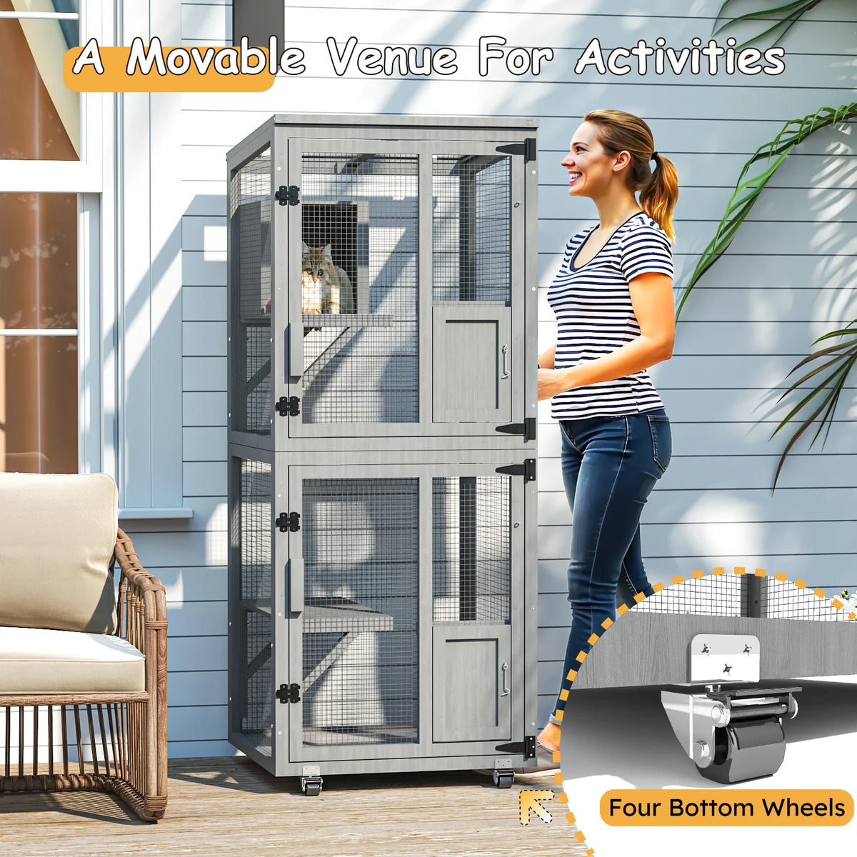Outdoor Cat Catio Enclosure With Wheels And Waterproof Roof