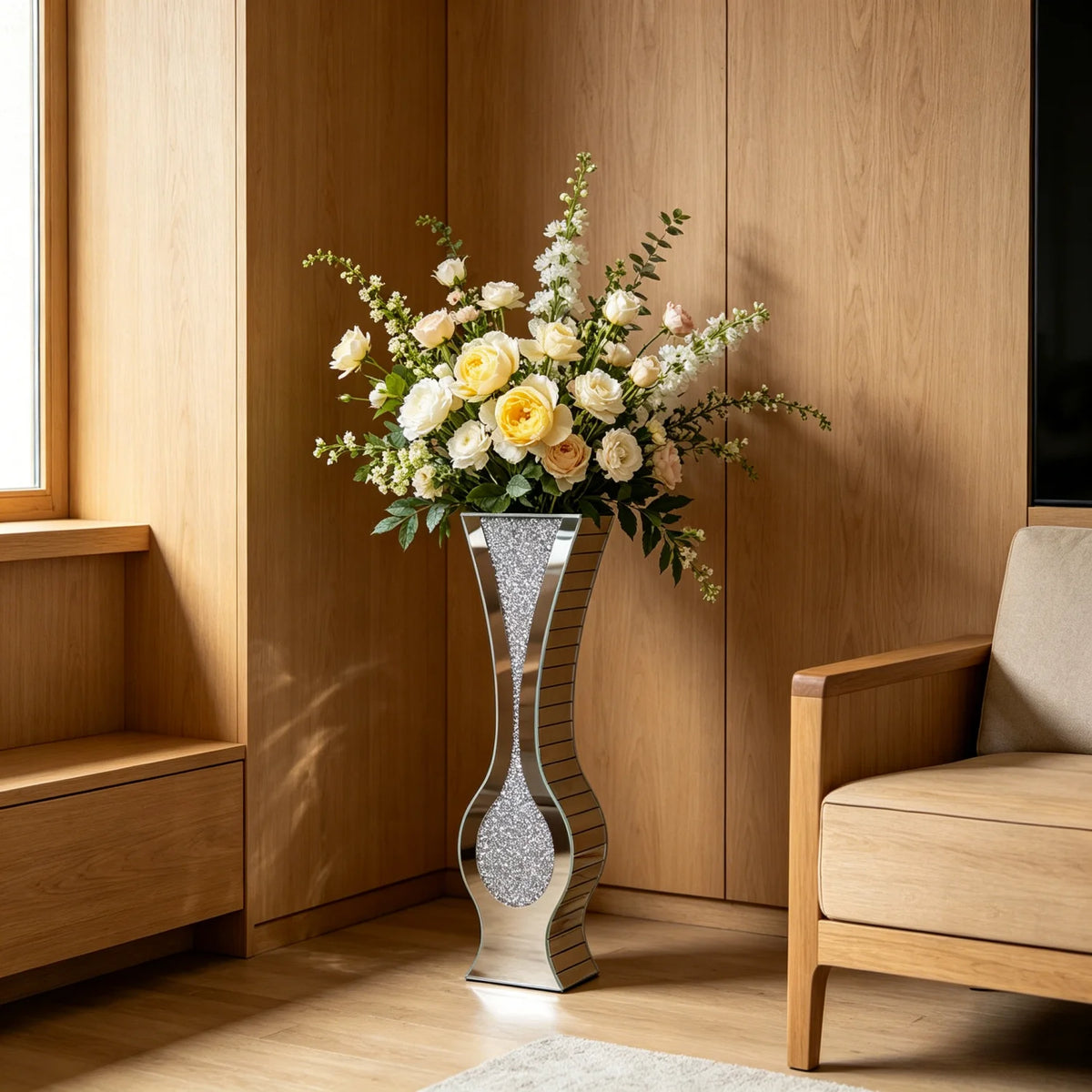 Modern Crushed Diamond Mirrored Floor Glass Vase Home Decor
