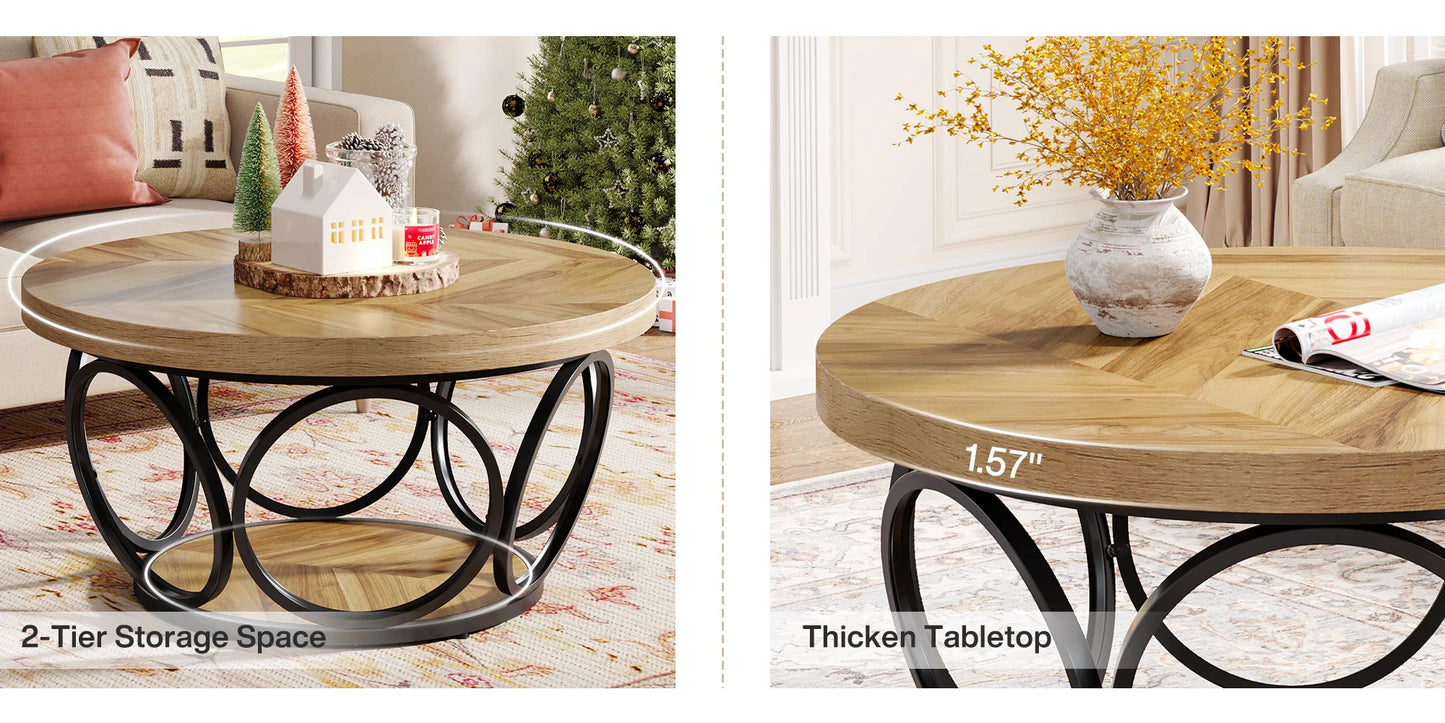 Tribesigns Round Coffee Table With Storage Shelves, Industrial Minimalist Wood