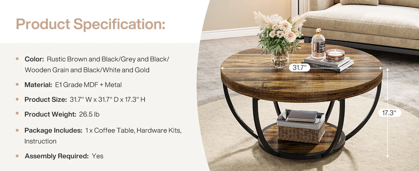 Tribesigns Round Coffee Table With Storage Shelves, Industrial Minimalist Wood