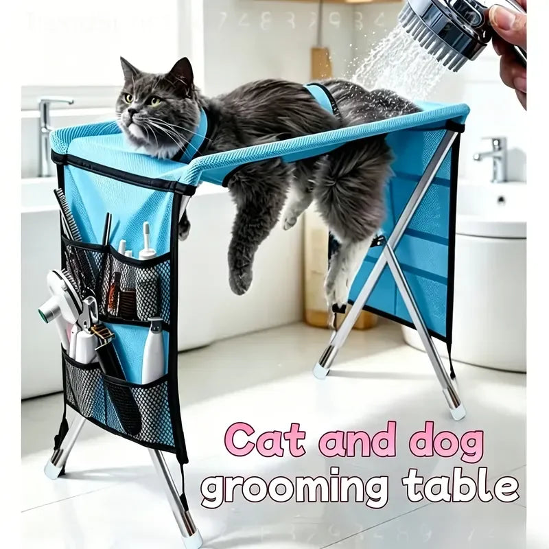 Foldable Pet Grooming Hammock Stand with Stainless Steel Frame
