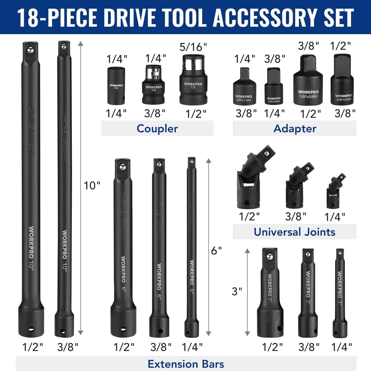 WORKPRO 18Piece Drive Tool Accessory Set With Socket Adapters