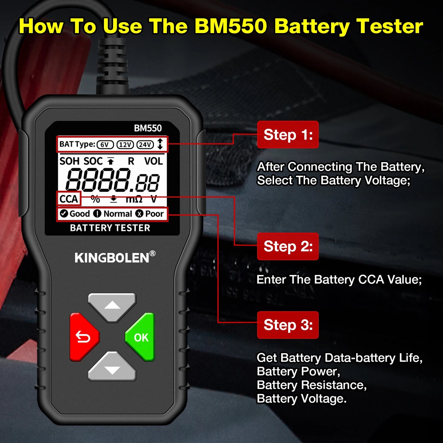 Kingbolen BM550 Plus Car Battery Tester 6V 12V 24V Device