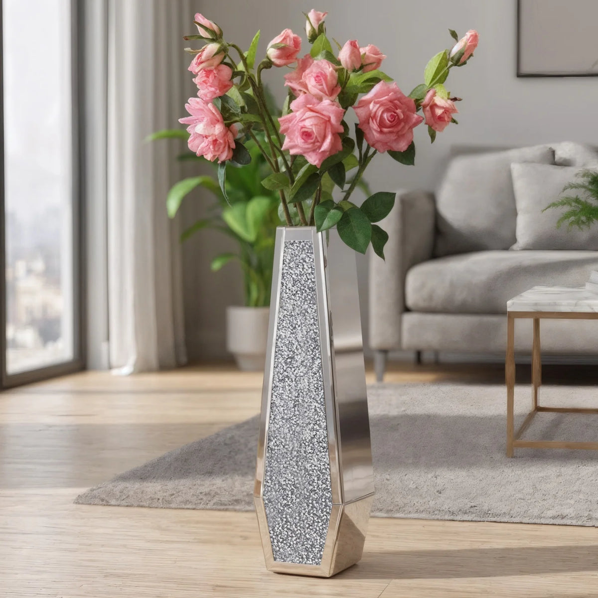 Modern Crushed Diamond Mirrored Floor Glass Vase Home Decor
