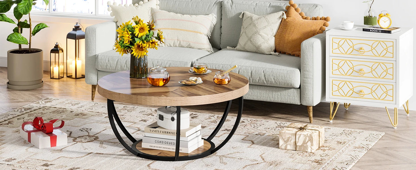 Tribesigns Round Coffee Table With Storage Shelves, Industrial Minimalist Wood