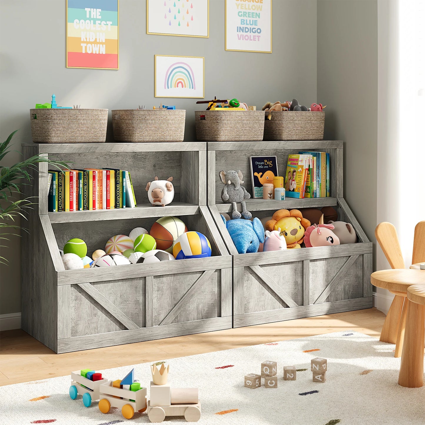 Wooden Kids Bookshelf With Cubby Toy Storage Organizer For Playroom