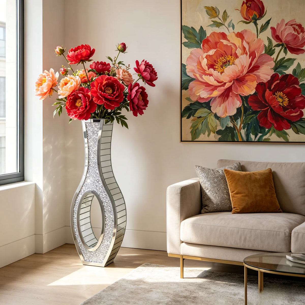 Modern Crushed Diamond Mirrored Floor Glass Vase Home Decor
