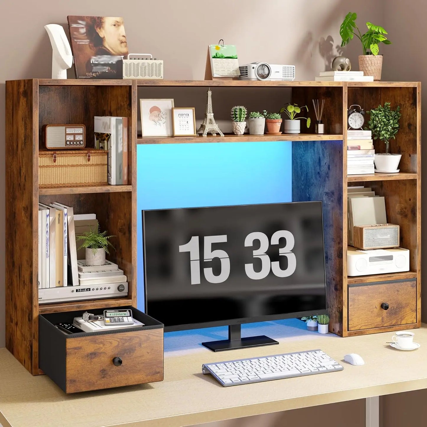ZHILU Desktop Bookshelf With LED Lights For Desk Organizer