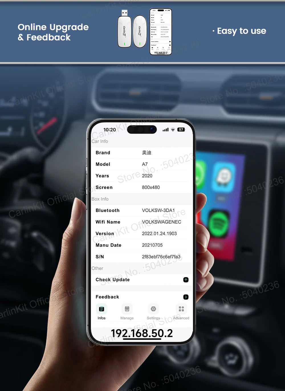 Carlinkit X1CA Baidu Carlife Wireless CarPlay Adapter 2In1