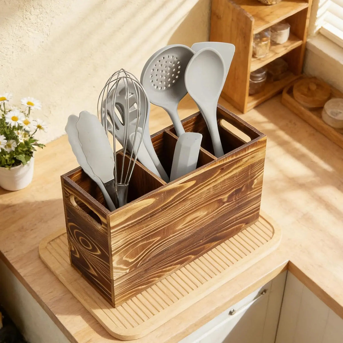 Garvee Rustic Pine Wood Utensil Holder Caddy for Dining Tables
