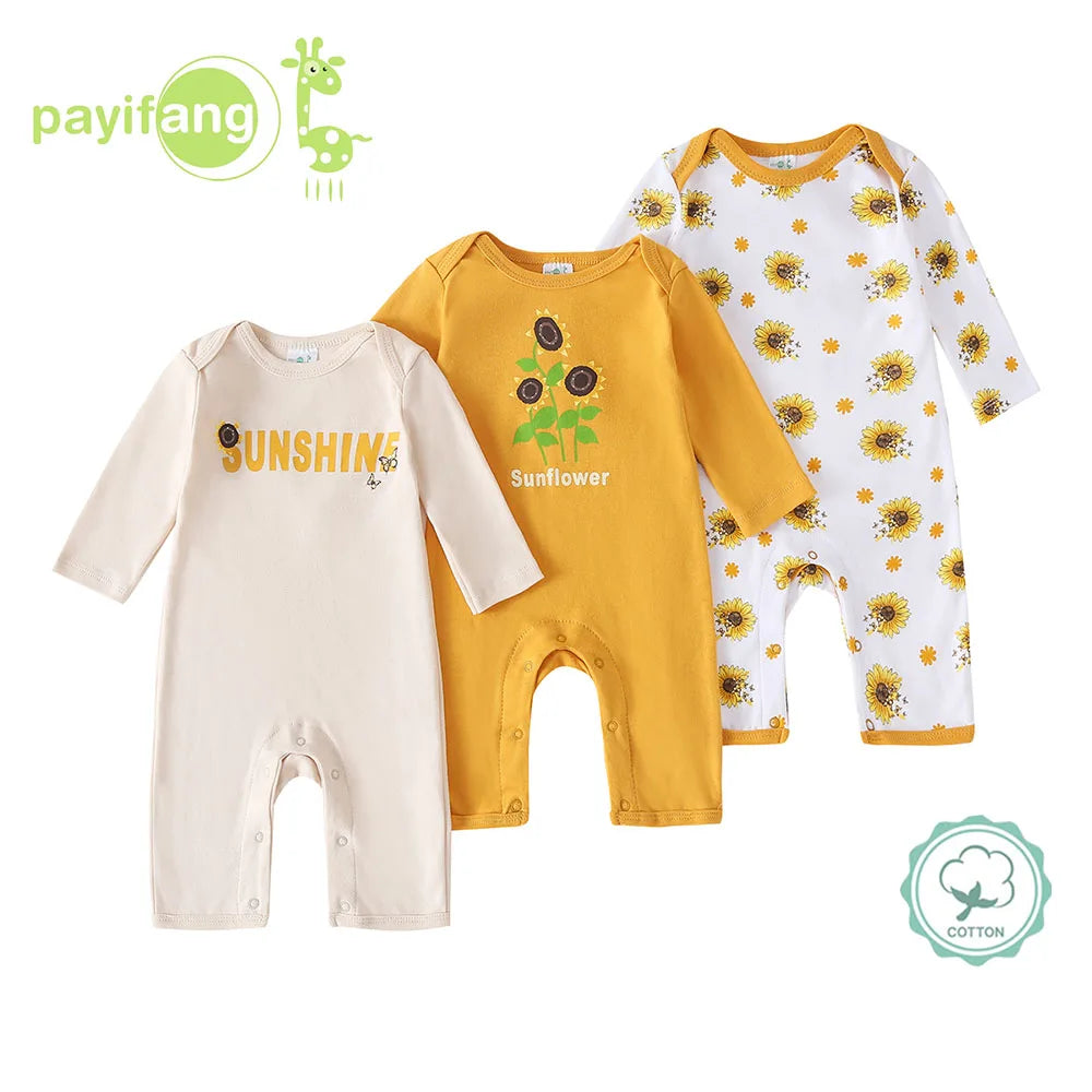 3 Pack Cotton Long Sleeve Baby Rompers With Space Print