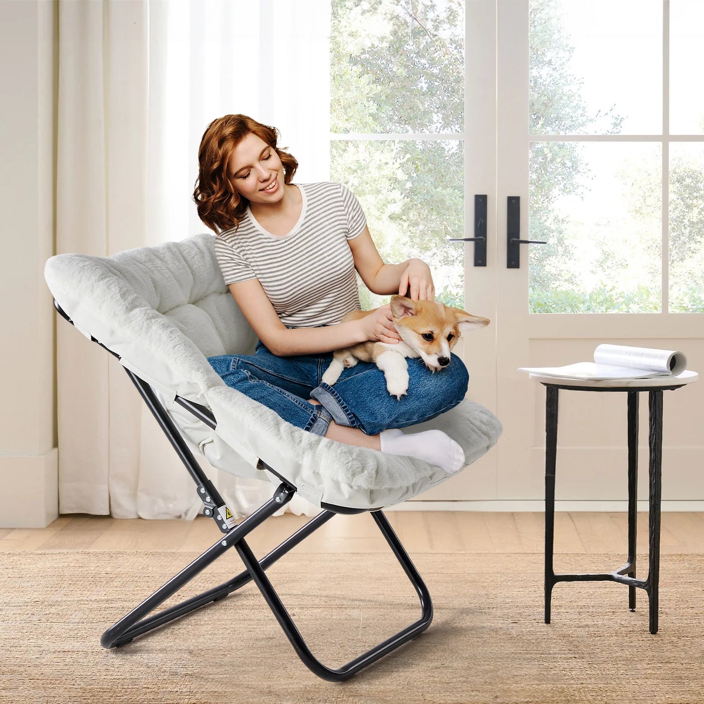 JHK Cozy Faux Fur Saucer Chair Folding Metal Frame
