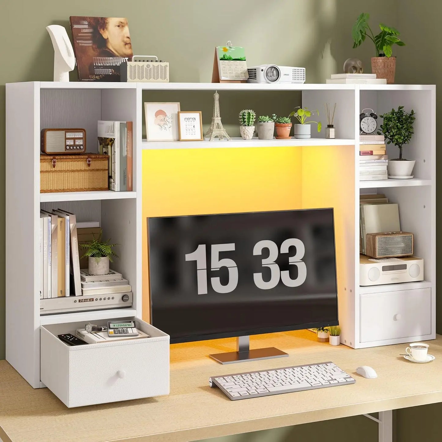 ZHILU Desktop Bookshelf With LED Lights For Desk Organizer