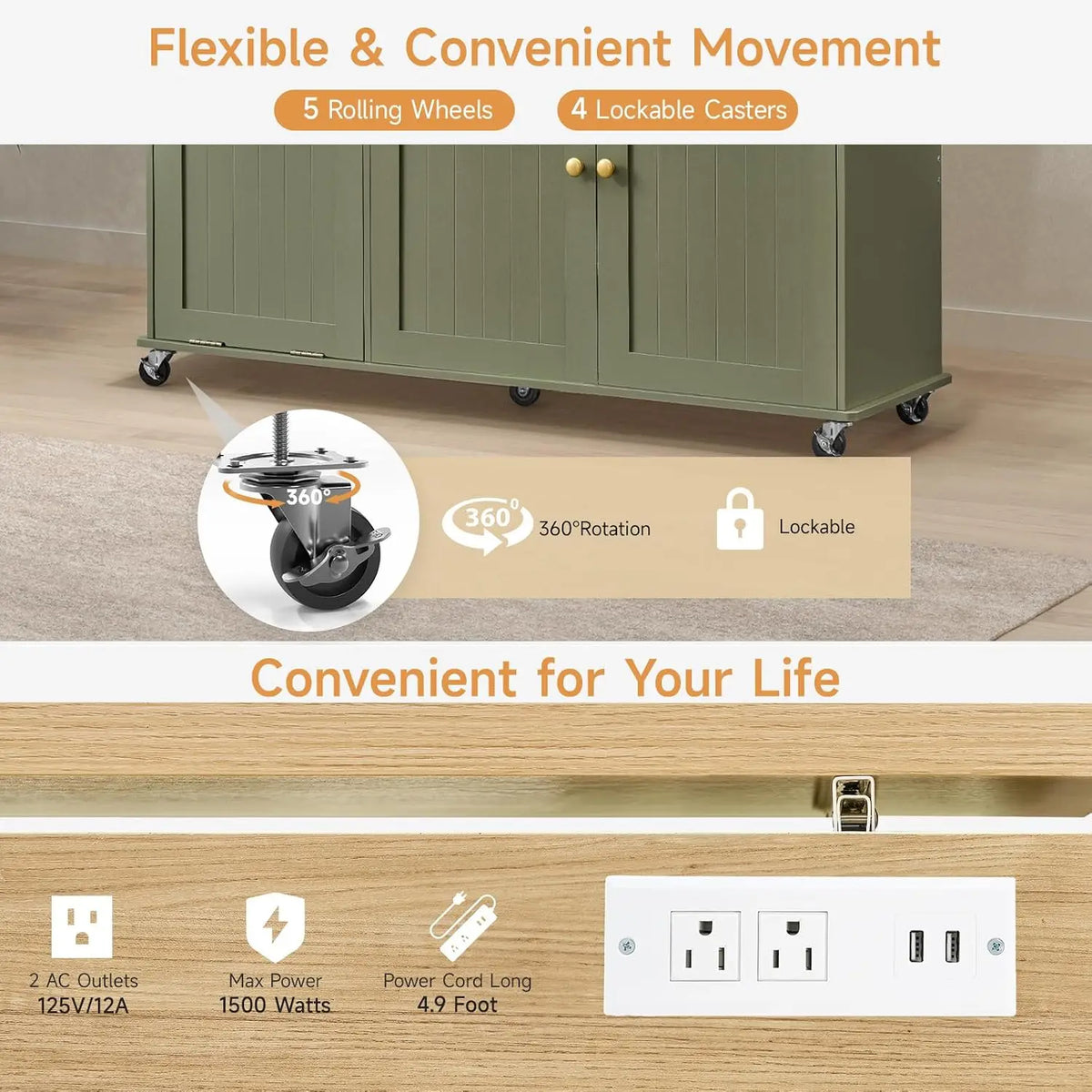 ONBRILL Rolling Kitchen Island With Drop Leaf Storage Power Station