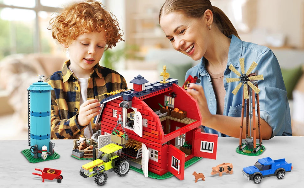 HOGOKIDS Farm Barn Building Set With Light Windmill Tractor Animals