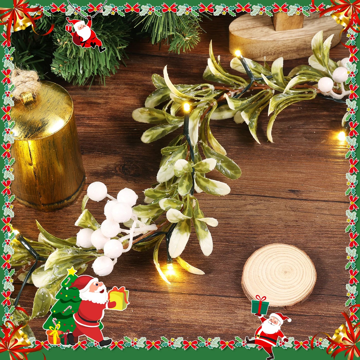 VKTECH Mistletoe Christmas Garland With Prelit Lights And Berry Accents