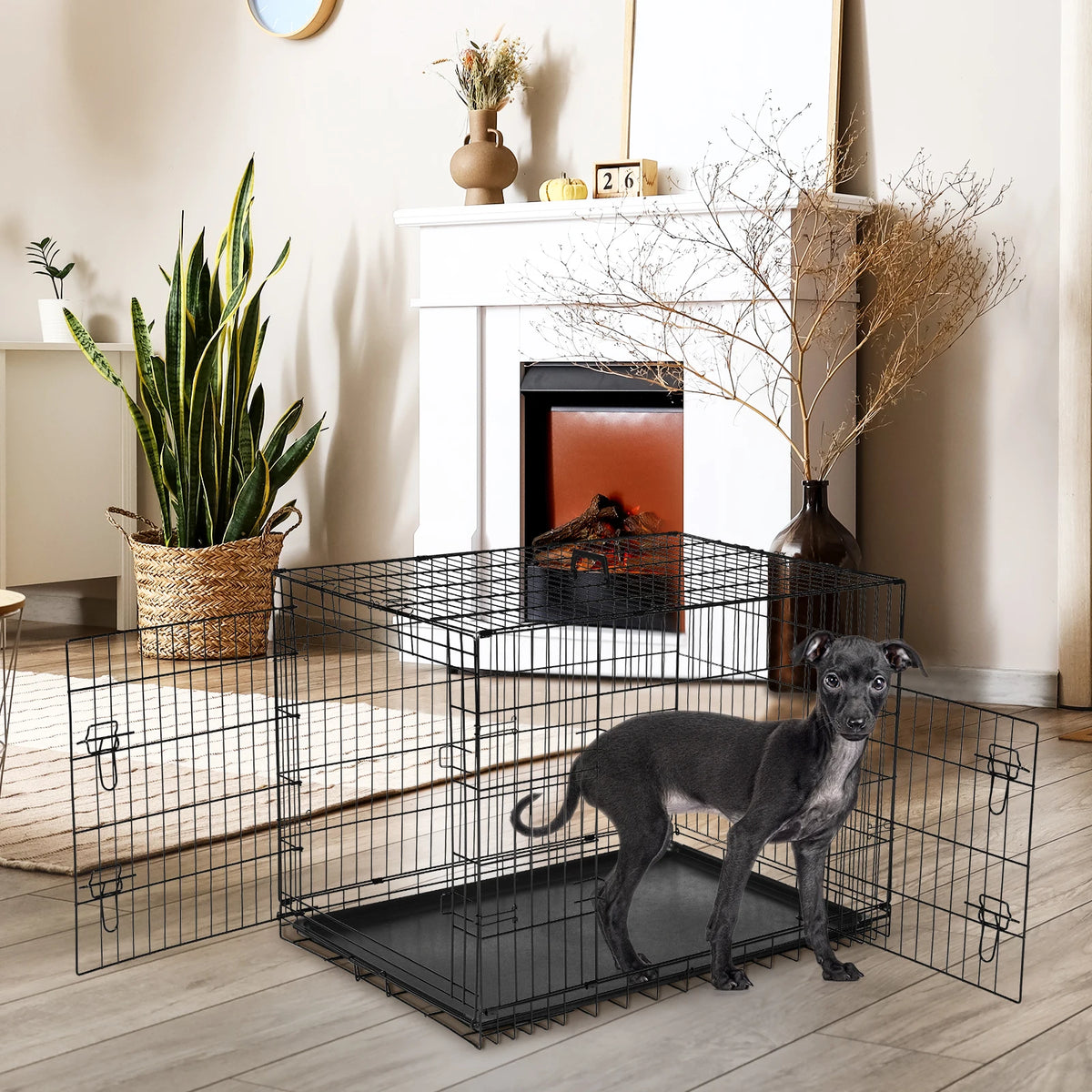JHK Folding Metal Wire Dog Crate With Leak Proof Pan