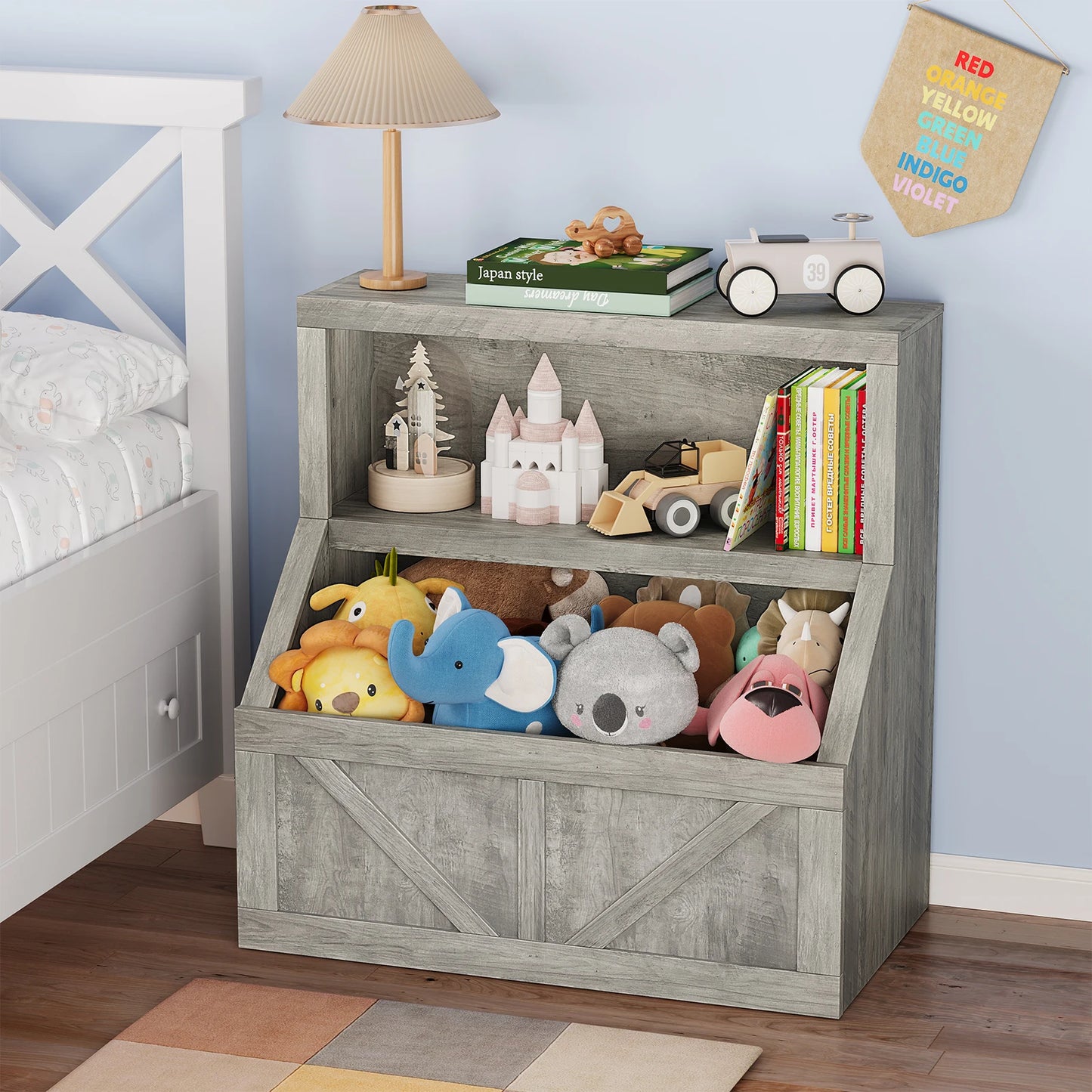 Wooden Kids Bookshelf With Cubby Toy Storage Organizer For Playroom