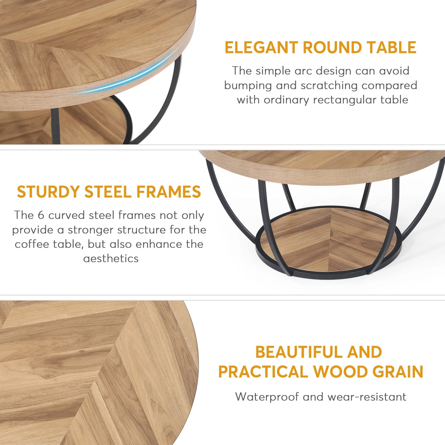 Tribesigns Round Coffee Table With Storage Shelves, Industrial Minimalist Wood