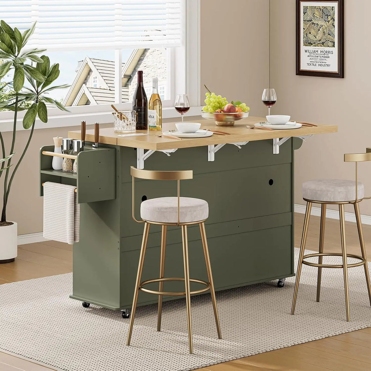 ONBRILL Rolling Kitchen Island With Drop Leaf Storage Power Station