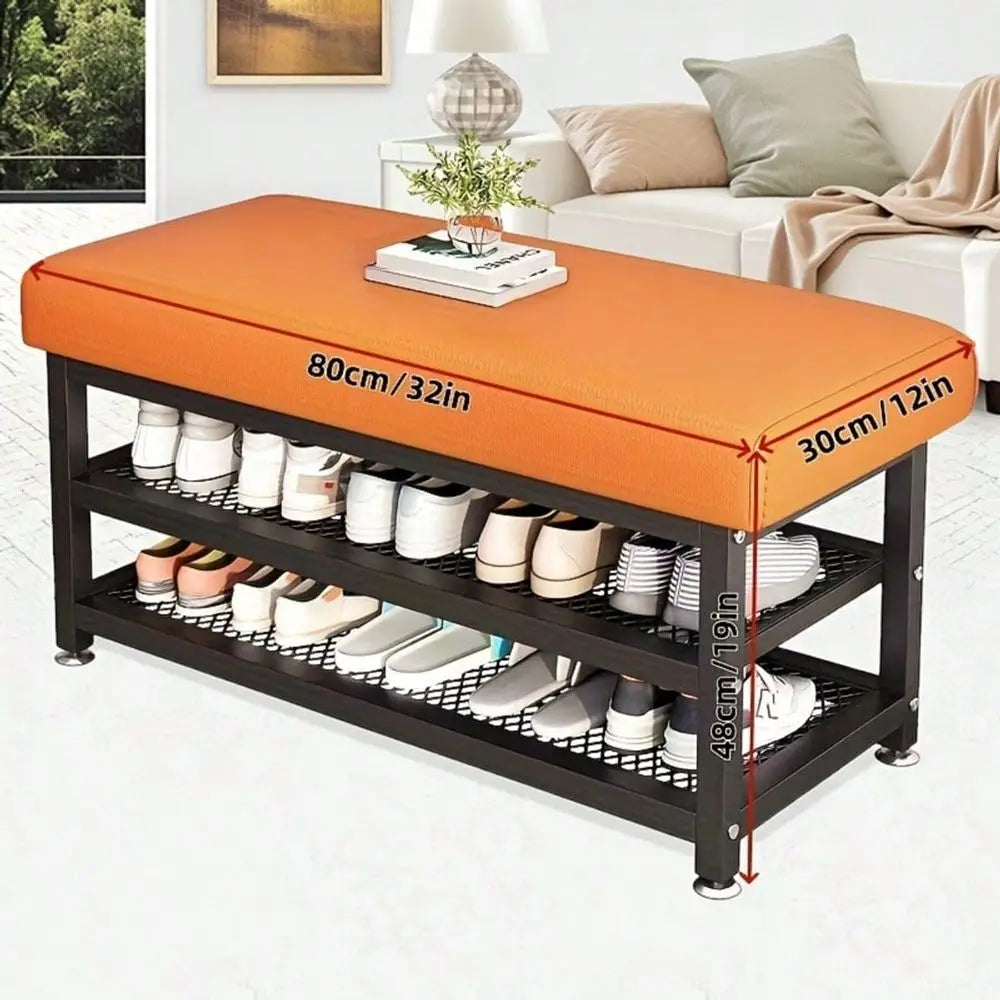 Storage Bench With Metal Frame Cushioned Shoe Organizer For Bedroom