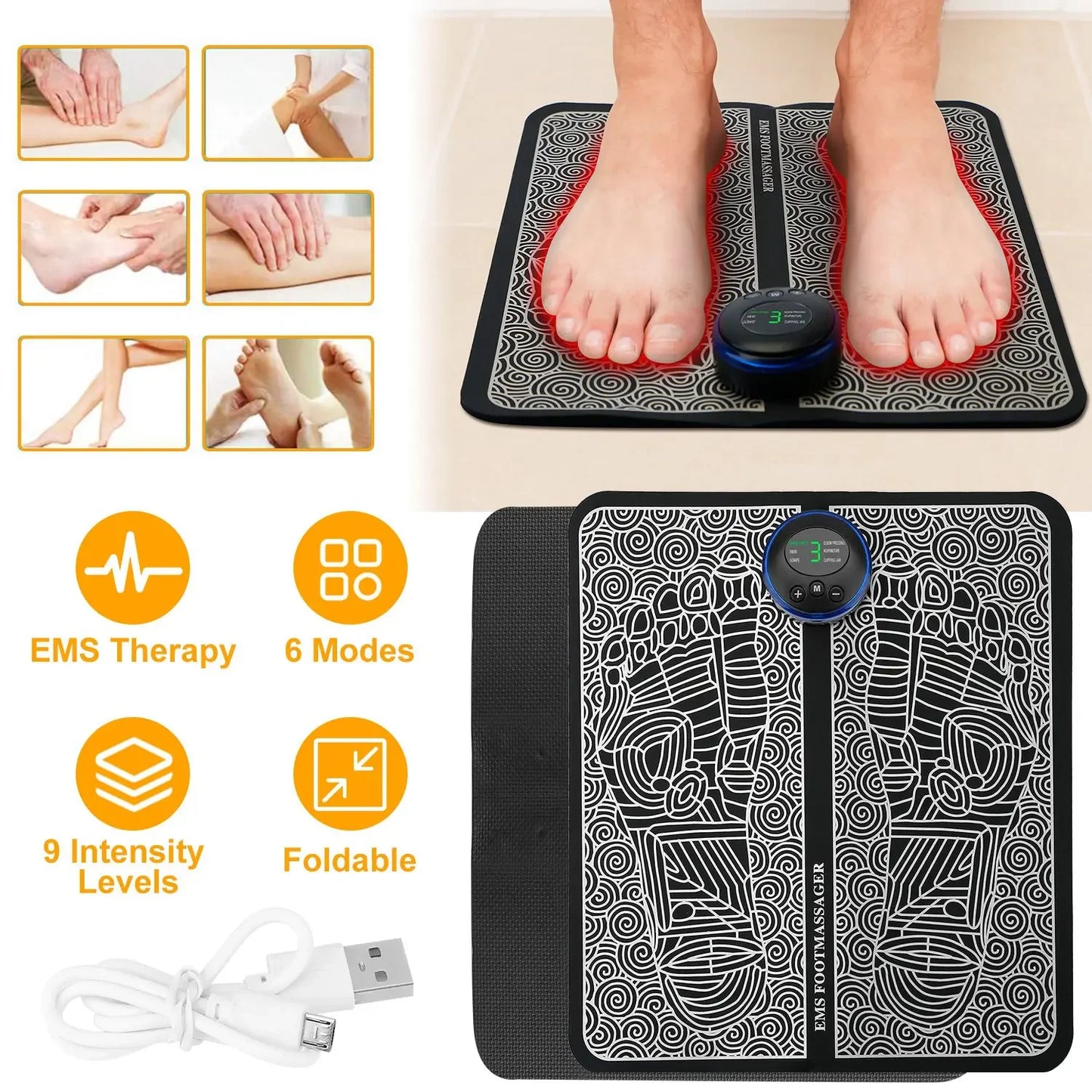 GLONXDE EMS Foot Massage Pad Rechargeable 6 Modes 9 Levels