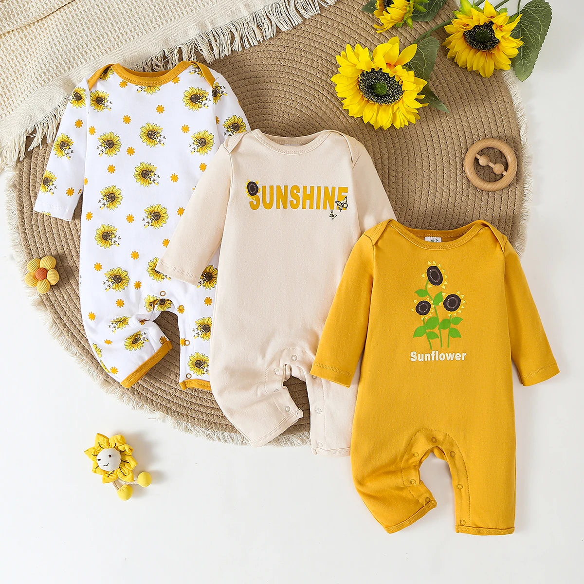 3 Pack Cotton Long Sleeve Baby Rompers With Space Print