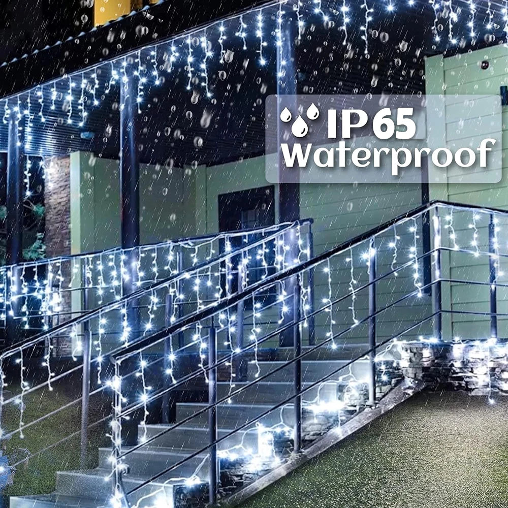 WELPUR Solar Icicle Curtain Lights Outdoor LED 8 Modes