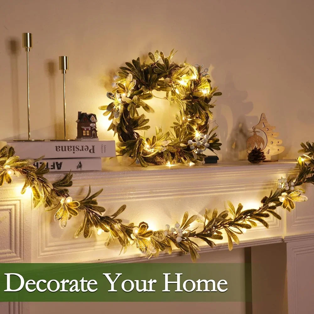 VKTECH Mistletoe Christmas Garland With Prelit Lights And Berry Accents