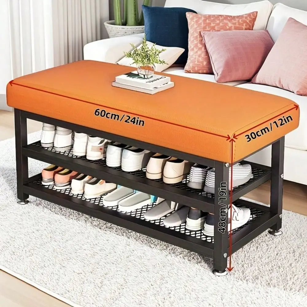 Storage Shoe Bench With Metal Frame Cushioned Seat Organizer Bedroom