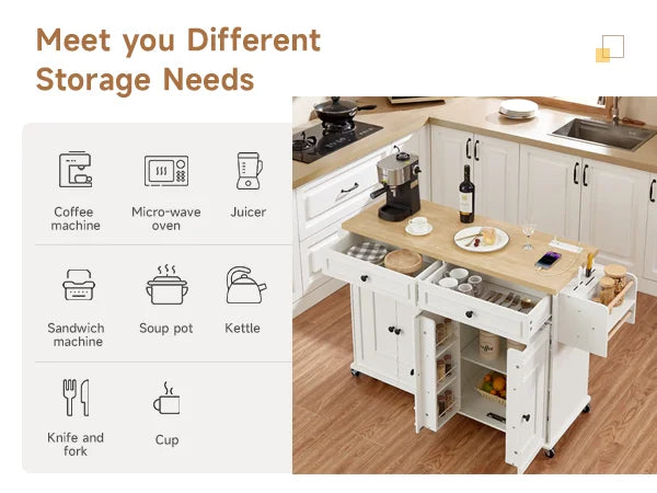 Rolling Kitchen Island Cart With Drop Leaf And Power Outlet